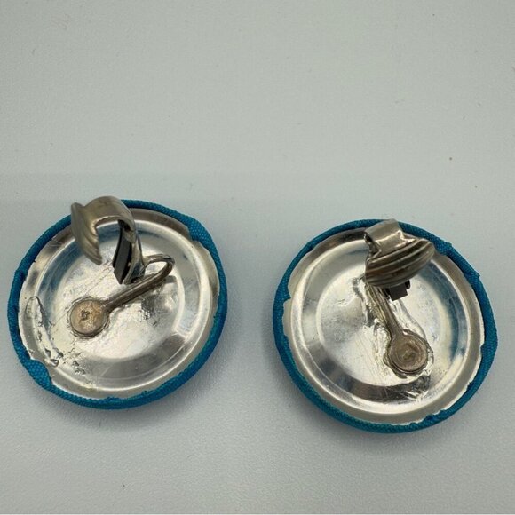Teal Blue Fabric Button Clip On Earrings - Picture 3 of 5